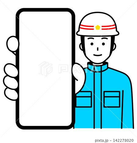 スマホの画面を大きく見せる救急隊員の男性 スマホの画面を大きく見せる救急隊員の男性 142278020