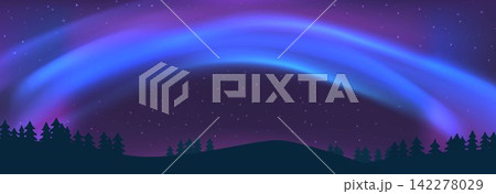 Starry night sky with blue purple aurora borealis background. Bright Northern lights glow over fir forest landscape. Polar lights phenomenon illustration. Natural panorama view. Vector Starry night sky with blue purple aurora borealis background. Bright Northern lights glow over fir forest landscape. Polar lights phenomenon illustration. Natural panorama view. Vector 142278029