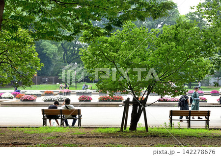 上野公園の噴水の周りのベンチに座って寛ぐ人達 上野公園の噴水の周りのベンチに座って寛ぐ人達 142278676