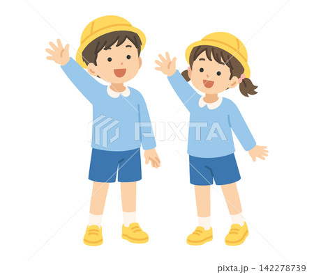 手を振る,園児男女帽子Ver,フラットイラスト 手を振る,園児男女帽子Ver,フラットイラスト 142278739