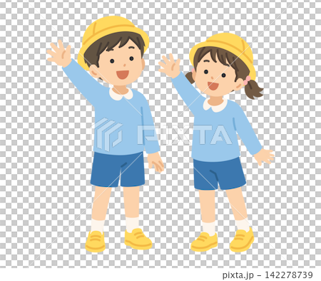 手を振る,園児男女帽子Ver,フラットイラスト 手を振る,園児男女帽子Ver,フラットイラスト 142278739