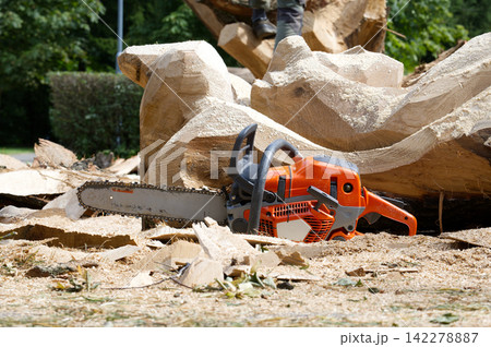 Orange Chainsaw Resting on Wood Chips After Tree Carving Activity in Outdoor Park Setting Orange Chainsaw Resting on Wood Chips After Tree Carving Activity in Outdoor Park Setting 142278887