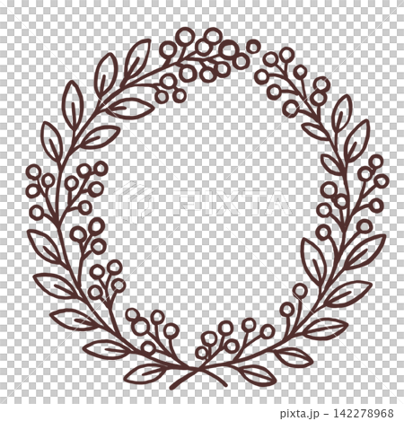 Autumn-colored wreath frame line drawing with nuts and colorful leaves Autumn-colored wreath frame line drawing with nuts and colorful leaves 142278968