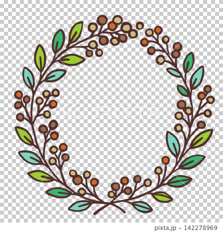Autumn-colored wreath frame with nuts and colorful leaves Autumn-colored wreath frame with nuts and colorful leaves 142278969