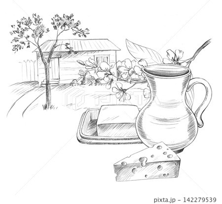 Jug, bird cherry branch, butter and cheese on the landscape on the background. Handmade farm pencil illustrations. For design of cards, cover, prints, product labels and fabric. 142279539