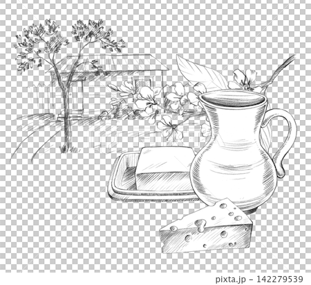 Jug, bird cherry branch, butter and cheese on the landscape on the background. Handmade farm pencil illustrations. For design of cards, cover, prints, product labels and fabric. 142279539