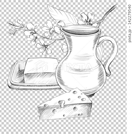 Jug, bird cherry branch, butter and cheese. Handmade farm pencil illustrations. For design of cards, cover, prints, product labels and fabric. Jug, bird cherry branch, butter and cheese. Handmade farm pencil illustrations. For design of cards, cover, prints, product labels and fabric. 142279540