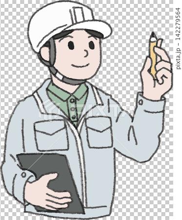 右を向くクリップボードの男性作業員のイラスト（点検・見積・やる気・カラー・ベクター） 142279564