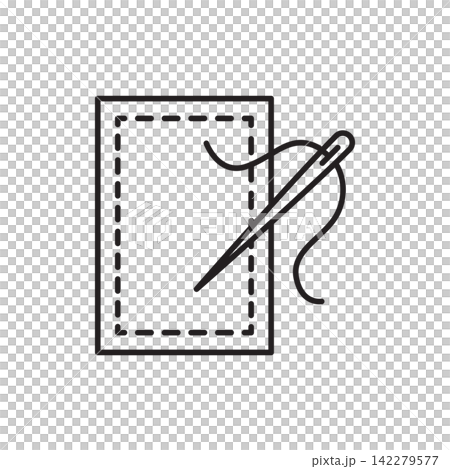 Minimalist line art icon of a stitched leather piece with a hand-sewing needle. Minimalist line art icon of a stitched leather piece with a hand-sewing needle. 142279577
