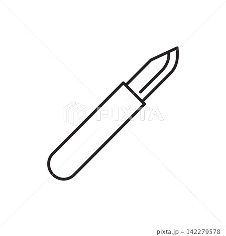 Minimalist line art icon of a sharp utility cutter knife for trimming leather sheets. Minimalist line art icon of a sharp utility cutter knife for trimming leather sheets. 142279578
