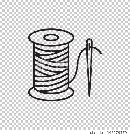 Minimalist line art icon of a spool of waxed thread paired with a stitching needle. Minimalist line art icon of a spool of waxed thread paired with a stitching needle. 142279579