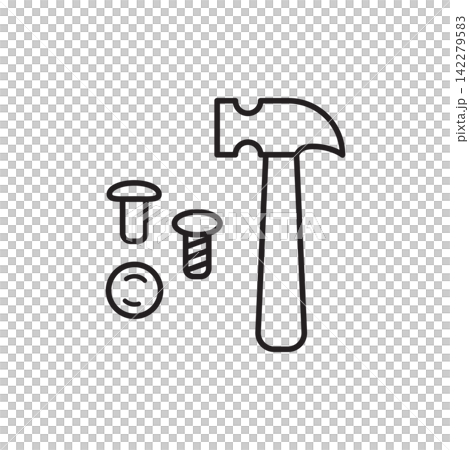 Minimalist line art icon of rivets, metal studs, and a setting hammer tool for leathercraft. Minimalist line art icon of rivets, metal studs, and a setting hammer tool for leathercraft. 142279583