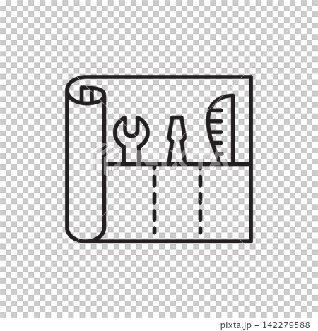 Minimalist line art icon of a pouch roll filled with leather crafting hand tools. Minimalist line art icon of a pouch roll filled with leather crafting hand tools. 142279588