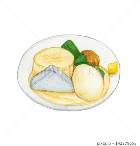 からし付きのおでん盛り合わせの水彩イラスト 142279658