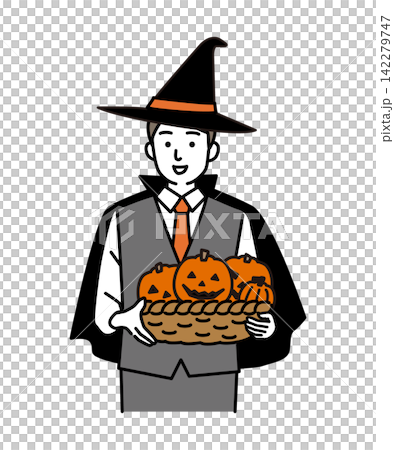 A male restaurant staff member in a Halloween costume. 142279747