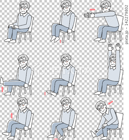 A set of senior men doing exercises while sitting in a chair. A set of senior men doing exercises while sitting in a chair. 142279802