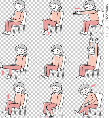 A set of senior women doing exercises while sitting in a chair. 142279803