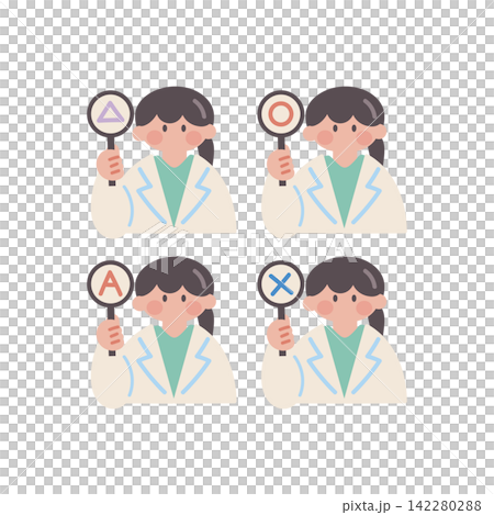 Illustration set of a person in a white coat holding true/false cards Illustration set of a person in a white coat holding true/false cards 142280288