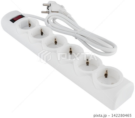 White electrical power strip extension cord with six outlets grounded close-up. White electrical power strip extension cord with six outlets grounded close-up. 142280465