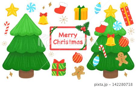 手描きのクリスマスツリーとオーナメントのデコレーション素材セット 手描きのクリスマスツリーとオーナメントのデコレーション素材セット 142280718