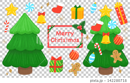 手描きのクリスマスツリーとオーナメントのデコレーション素材セット 手描きのクリスマスツリーとオーナメントのデコレーション素材セット 142280718