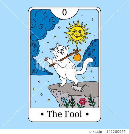 The Fool Tarot Card Illustration with White Cat and Sun Symbol The Fool Tarot Card Illustration with White Cat and Sun Symbol 142280965