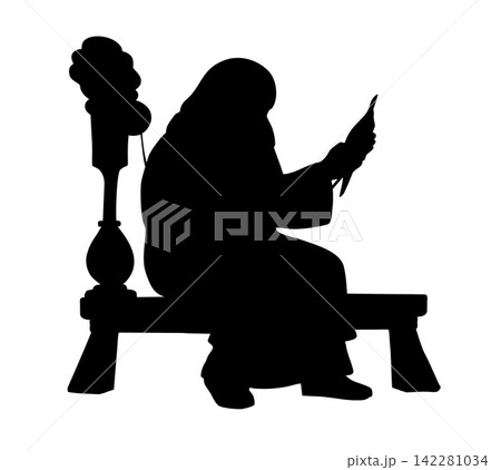 Vector drawing. An old woman spinning with a spindle Vector drawing. An old woman spinning with a spindle 142281034