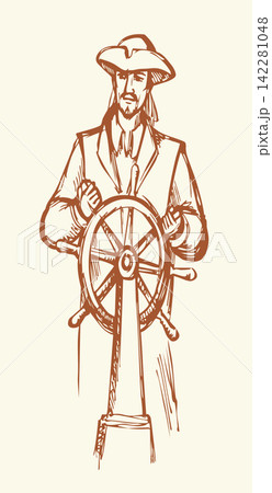 Vector drawing. The captain at the helm Vector drawing. The captain at the helm 142281048