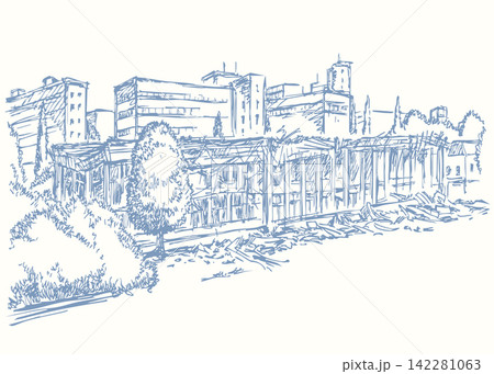 Vector illustration of a building destroyed by an explosion. Vector illustration of a building destroyed by an explosion. 142281063
