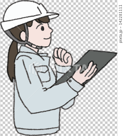 插圖描繪了一位戴著頭盔、穿著工作服的女性,她手持夾子,神情專注,面向左側。 插圖描繪了一位戴著頭盔、穿著工作服的女性,她手持夾子,神情專注,面向左側。 142281111