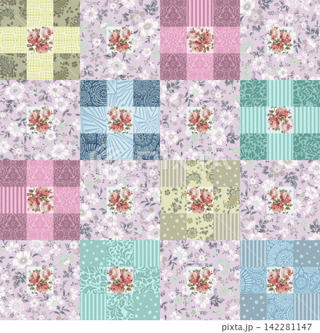 シームレスなシャビーシックなバラとパッチワーク柄の背景素材 Sky Pastel. シームレスなシャビーシックなバラとパッチワーク柄の背景素材 Sky Pastel. 142281147