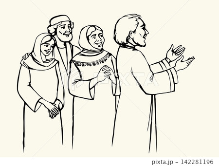 Vector drawing. Ancient family listen a father Vector drawing. Ancient family listen a father 142281196