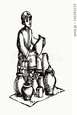 Vector illustration of a boy selling pots. Vector illustration of a boy selling pots. 142281214