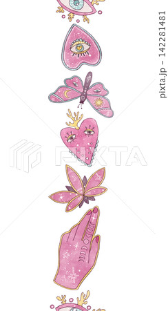 Seamless vertical boho border with mystical pink moth, esoteric hand, evil eyes and sacred hearts. Hand-drawn watercolor magic pattern for washi tape, ribbons, witchy prints isolated white background Seamless vertical boho border with mystical pink moth, esoteric hand, evil eyes and sacred hearts. Hand-drawn watercolor magic pattern for washi tape, ribbons, witchy prints isolated white background 142281481