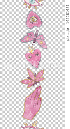 Seamless vertical boho border with mystical pink moth, esoteric hand, evil eyes and sacred hearts. Hand-drawn watercolor magic pattern for washi tape, ribbons, witchy prints isolated white background Seamless vertical boho border with mystical pink moth, esoteric hand, evil eyes and sacred hearts. Hand-drawn watercolor magic pattern for washi tape, ribbons, witchy prints isolated white background 142281481