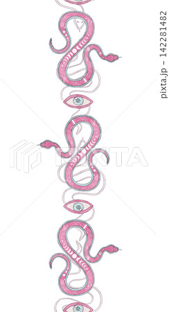 Seamless vertical border pattern hand drawn mystical pink snakes, third eyes, moon phases. Esoteric celestial edging, watercolor illustration, graphic line art. For tape, frame, boho textile, ribbon Seamless vertical border pattern hand drawn mystical pink snakes, third eyes, moon phases. Esoteric celestial edging, watercolor illustration, graphic line art. For tape, frame, boho textile, ribbon 142281482