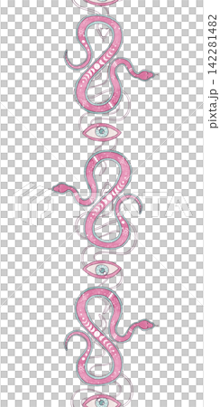 Seamless vertical border pattern hand drawn mystical pink snakes, third eyes, moon phases. Esoteric celestial edging, watercolor illustration, graphic line art. For tape, frame, boho textile, ribbon Seamless vertical border pattern hand drawn mystical pink snakes, third eyes, moon phases. Esoteric celestial edging, watercolor illustration, graphic line art. For tape, frame, boho textile, ribbon 142281482