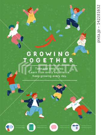 子育てメディア向け:矢印モチーフと共に子供たちが跳ぶ「GROWING TOGETHER」ポスターイラ 子育てメディア向け:矢印モチーフと共に子供たちが跳ぶ「GROWING TOGETHER」ポスターイラ 142281632