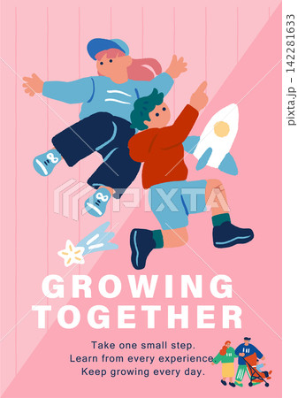 ロケットと星を背景に2人の子供がジャンプする「GROWING TOGETH ロケットと星を背景に2人の子供がジャンプする「GROWING TOGETH 142281633