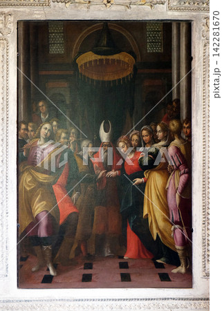 The Marriage of Virgin Mary, painting in the church of St. Victor on the Fishermen Island, one of the famous Borromeo Islands of Lake Maggiore, Italy 142281670