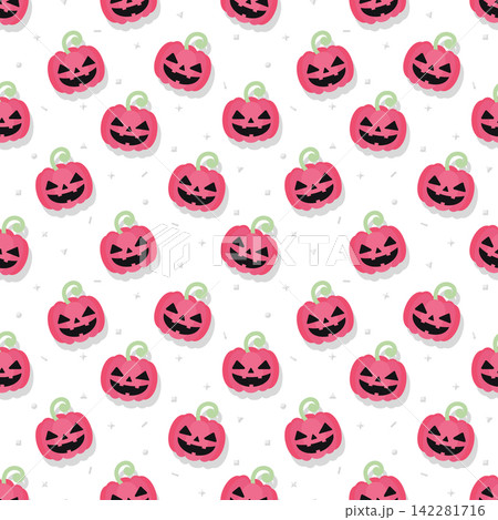 Cute Red Pink Halloween Pumpkin Seamless Pattern with Spooky Jack O Lantern Faces Cute Red Pink Halloween Pumpkin Seamless Pattern with Spooky Jack O Lantern Faces 142281716