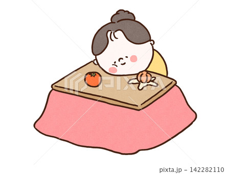 こたつでみかんを食べながらうたた寝をする女性(寝正月) こたつでみかんを食べながらうたた寝をする女性(寝正月) 142282110