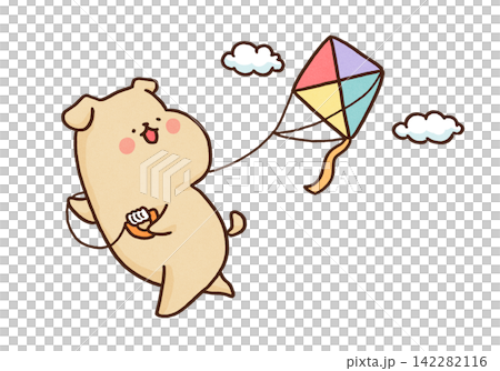A dog happily playing with a colorful kite (a New Year's tradition). A dog happily playing with a colorful kite (a New Year's tradition). 142282116
