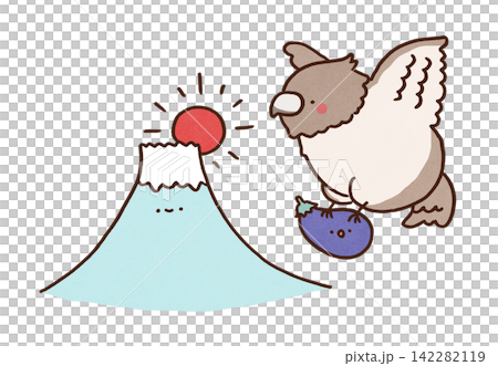A hawk soaring near Mount Fuji, clutching an eggplant (First Fuji, second hawk, third eggplant - a traditional New Year's dream). A hawk soaring near Mount Fuji, clutching an eggplant (First Fuji, second hawk, third eggplant - a traditional New Year's dream). 142282119