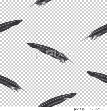 Vintage black feather seamless pattern with raven plume texture. Hand drawn charcoal quill bird wing element illustration background. Realistic detailed monochrome sketch for textile wallpaper decor Vintage black feather seamless pattern with raven plume texture. Hand drawn charcoal quill bird wing element illustration background. Realistic detailed monochrome sketch for textile wallpaper decor 142282402