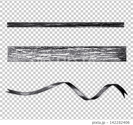 Black ribbon strand border set with straight stripes and wavy tape. Hand drawn charcoal craft accessory illustration isolated on. Realistic detailed monochrome sketch for gift decor 142282406