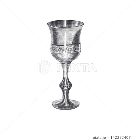 Vintage metal goblet chalice with ornament. Hand drawn black charcoal antique wine cup illustration isolated on. Realistic detailed monochrome sketch for historical decorative design. 142282407