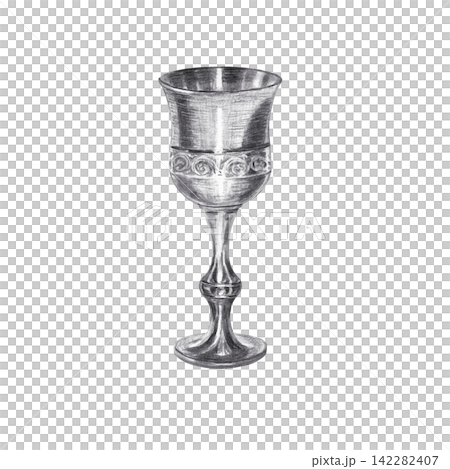Vintage metal goblet chalice with ornament. Hand drawn black charcoal antique wine cup illustration isolated on. Realistic detailed monochrome sketch for historical decorative design. 142282407