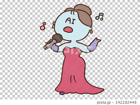 一個擬人化的AI角色（音樂/歌唱語音生成AI），穿著漂亮的裙子，對著麥克風唱歌。 142282448