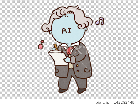 An anthropomorphic character of an AI that dresses up as Beethoven and writes sheet music (music generation/composition AI) 142282449